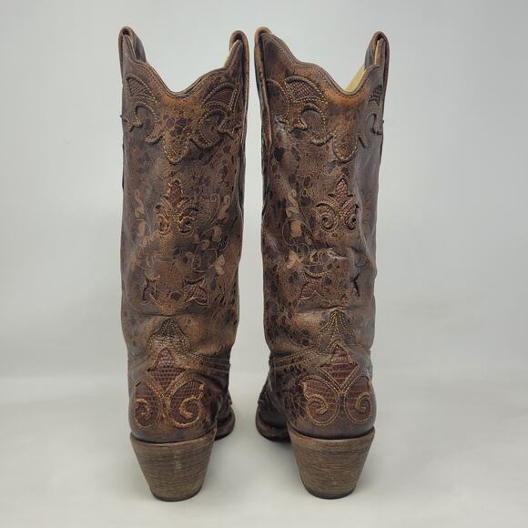 Corral Boots 6.5 Brown Lizard Leather Inlay Snip Toe Cowgirl Western Rodeo C2109 - Picture 8 of 13